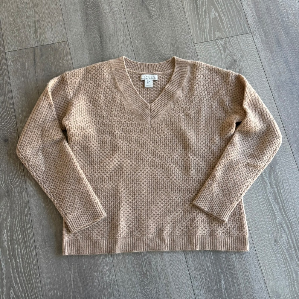 Rachel Zoe Womens Beige V-Neck Pullover 100% 2-Ply‎ Cashmere Sweater Size S